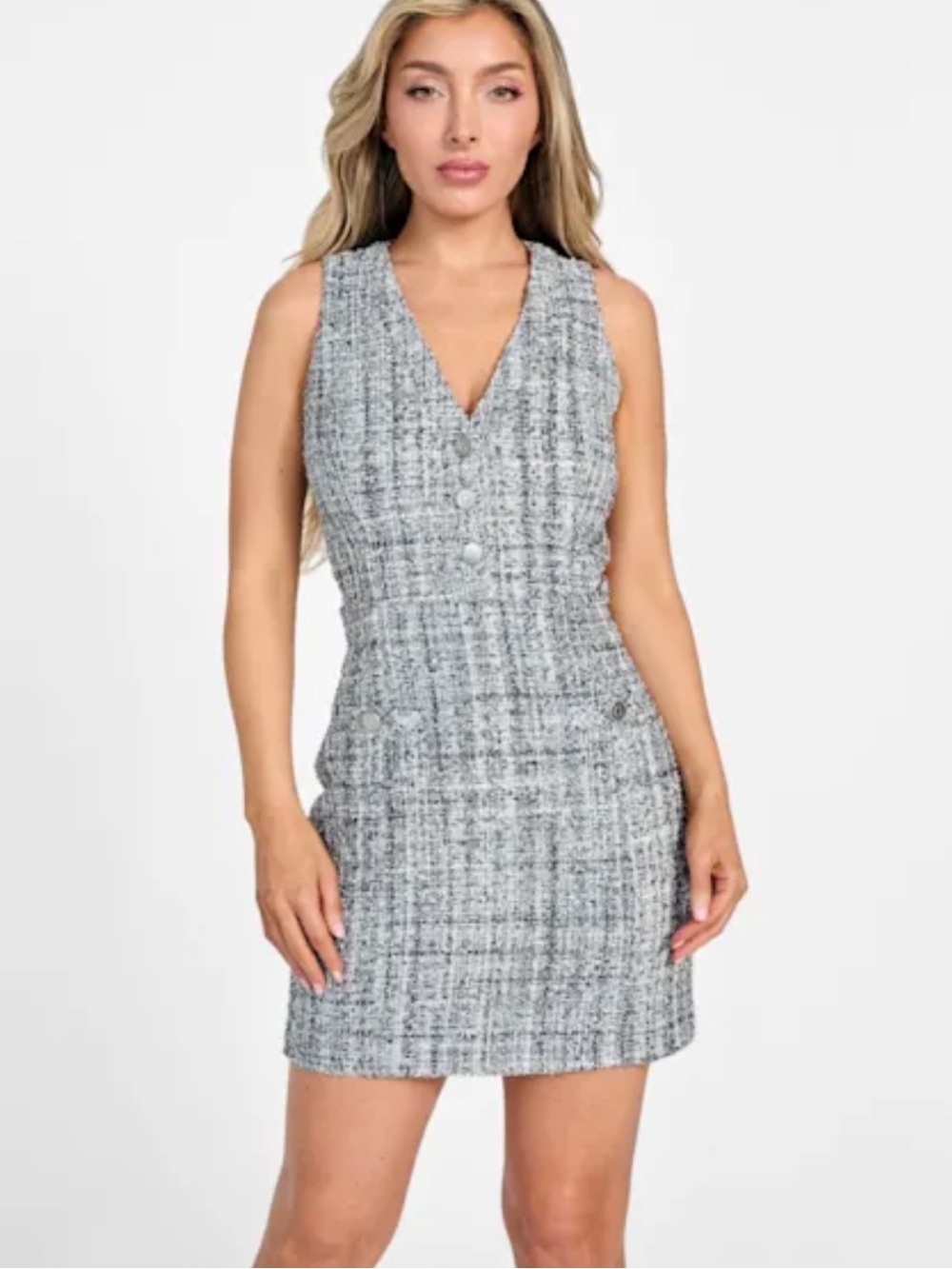Guess Sleeveless V-Neck Tweed Mini Dress in Blue